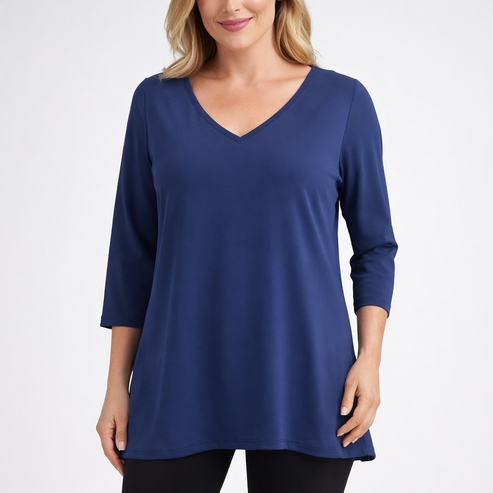 Sympli Canada Tunic Top Womens 6 Blue V Neck 3/4 Sleeve Capsule Travel Stretch